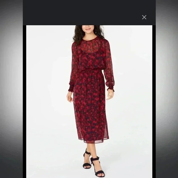 TOMMY HILFIGER DRESS RED BLACK FLORAL CHIFFON LONG SLEEVE MIDI SIZE 4 - Picture 1 of 16